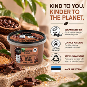Organic Shop Cocoa Butter and Sugar Body Scrub with vegan and COSMOS natural certifications.