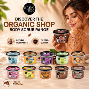 Organic Shop body scrub range with various natural ingredient flavors in colorful tubs.