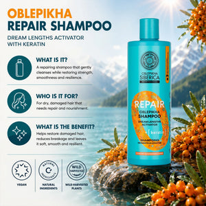 Oblepikha Siberica Professional Repair Shampoo with keratin for dry and damaged hair.