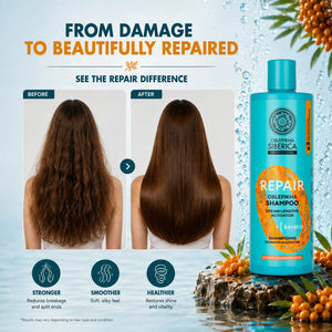 Before and after hair repair comparison using Oblepikha Siberica Repair Shampoo.