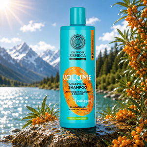 Oblepikha Siberica Professional Volume Shampoo bottle with collagen against a mountain landscape