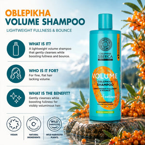 Oblepikha Volume Shampoo for fine hair with sea buckthorn berries and natural ingredients.