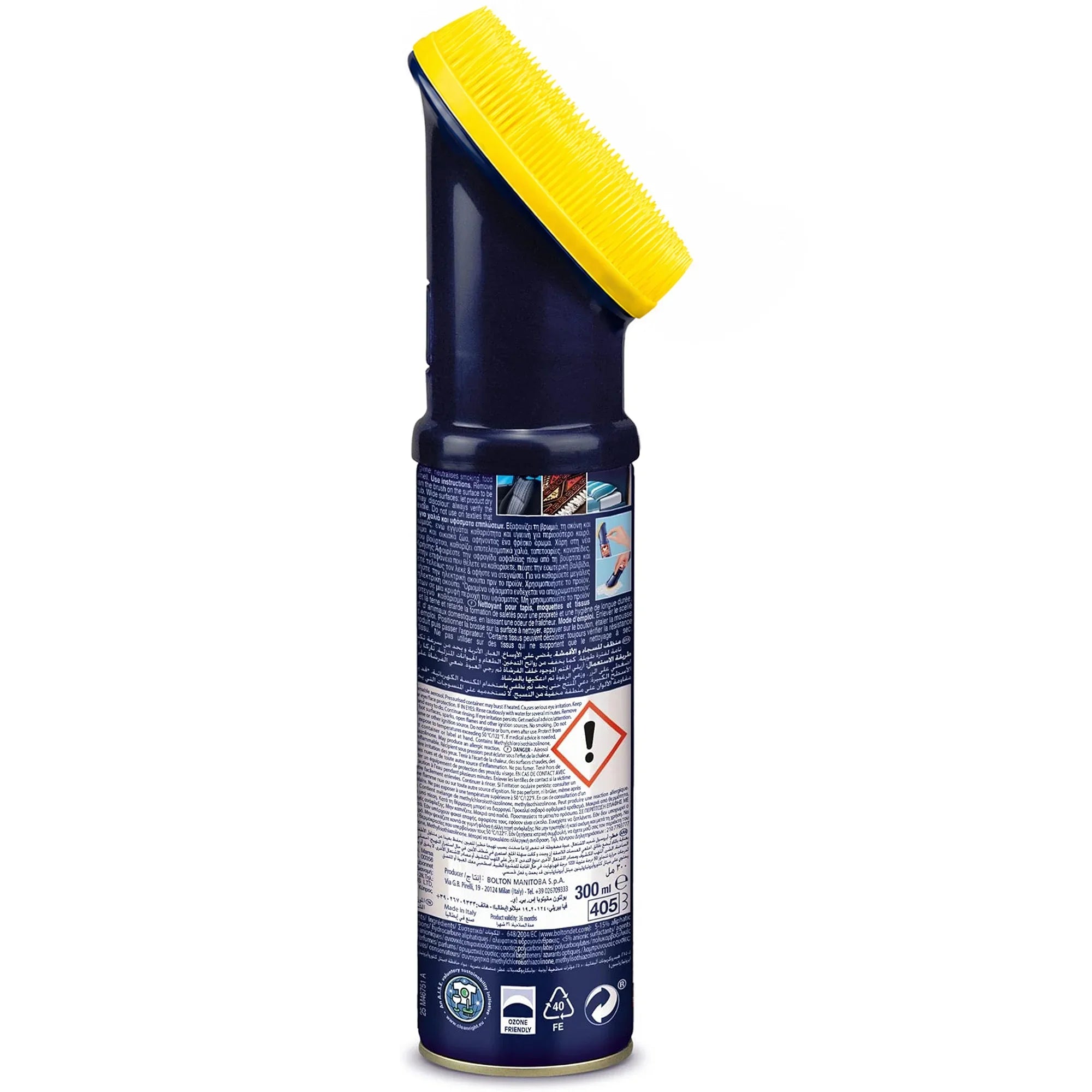 Blue spray can with yellow brush cap, 300ml, ozone-friendly, for fabric and upholstery cleaning
