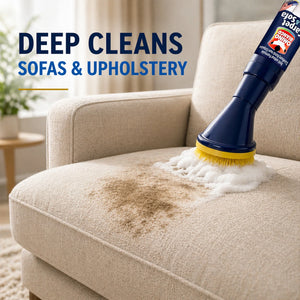 Deep cleaning sofa with Omino Bianco carpet & sofa cleaner, removing stains with foaming brush