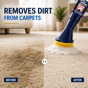 Carpet cleaner removes dirt effectively, showing before and after results on beige carpet