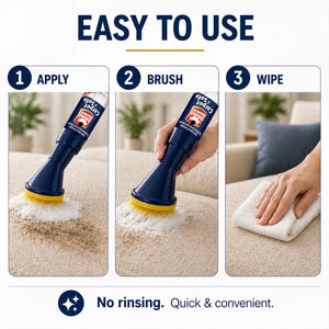 Easy 3-step carpet & sofa cleaner: apply, brush, wipe – no rinsing needed, quick and convenient.