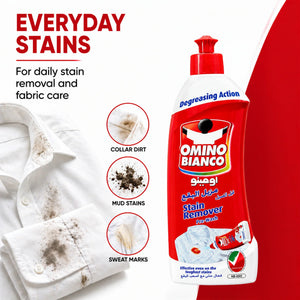 Omino Bianco stain remover for everyday stains like collar dirt, mud, and sweat marks on clothes