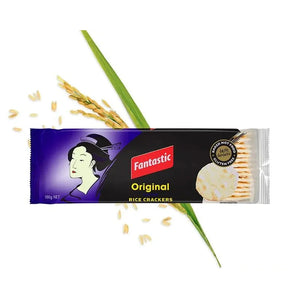 Fantastic Original rice crackers pack with Asian woman illustration and rice grains on white background