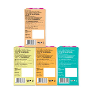 Back view of four colorful product boxes with barcodes, manufacturing details, and 'Made in India' lion logo
