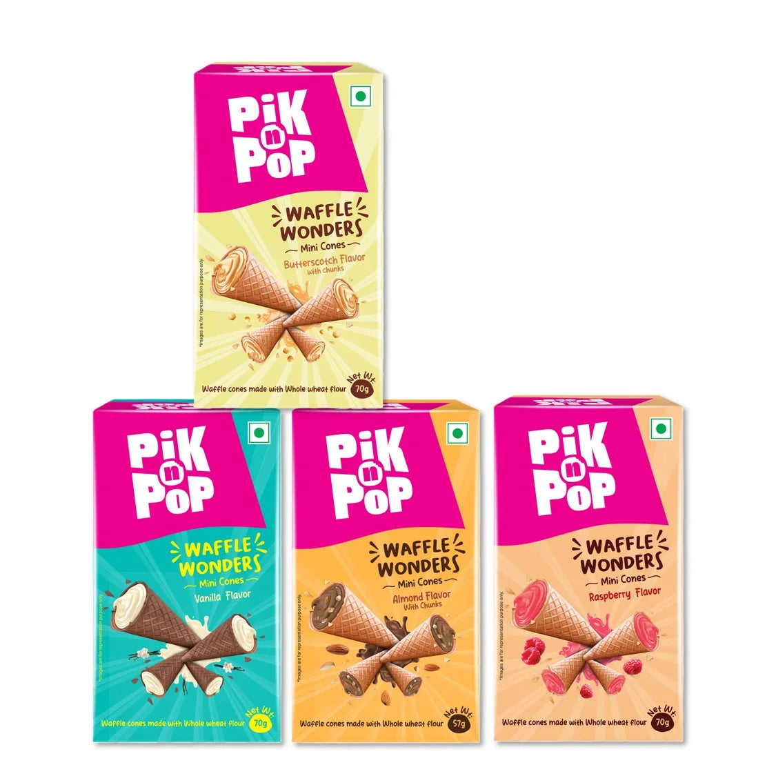Pik n Pop Waffle Wonders mini cones in vanilla, almond, raspberry, and butterscotch flavors, made with whole wheat flour