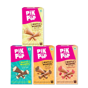 Pik n Pop Waffle Wonders mini cones in vanilla, almond, raspberry, and butterscotch flavors, made with whole wheat flour