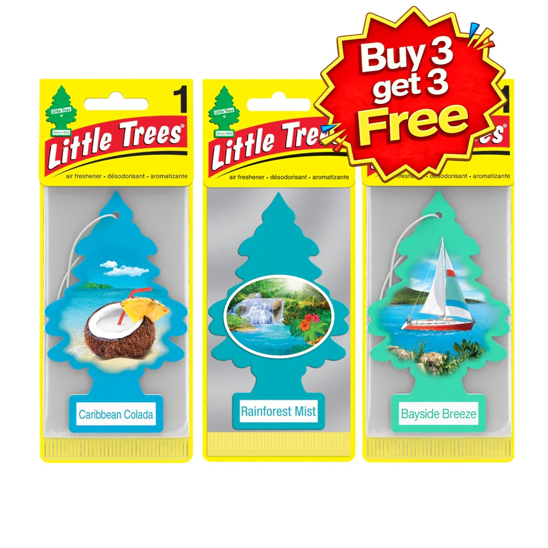 Little Trees car air fresheners in Caribbean Colada, Rainforest Mist, Bayside Breeze scents with Buy 3 Get 3 Free offer