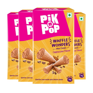 Pack of four Pik n Pop Waffle Wonders cappuccino flavor mini cones boxes, 70g each.