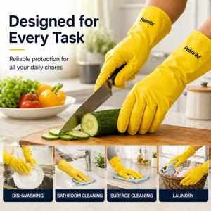 Yellow Palmrite cleaning gloves slicing cucumber, ideal for dishwashing, bathroom, surface cleaning & laundry tasks