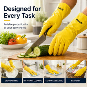 Yellow Palmrite gloves slicing cucumber, ideal for dishwashing, cleaning, and laundry tasks