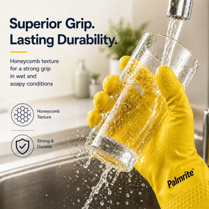 Yellow Palmrite dishwashing glove with honeycomb grip holding glass under running water, showcasing superior grip and durability.