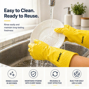 Yellow Palmrite gloves rinsing a plate under running water, highlighting easy cleaning and reuse.