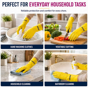Yellow Palmrite gloves for washing clothes, cutting veggies, and cleaning kitchen & bathroom surfaces