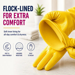 Yellow flocked-lined cleaning gloves for comfort, soft skin-friendly, absorbs moisture, easy to wear