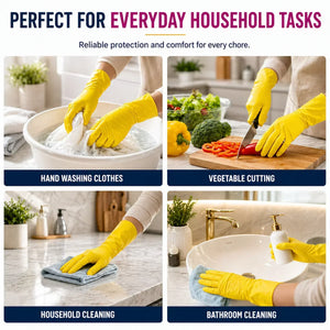 Yellow rubber gloves for washing clothes, cutting veggies, cleaning kitchen & bathroom surfaces