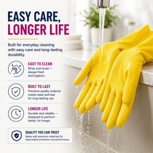 Yellow cleaning gloves rinsed under tap, easy care & durable for everyday use