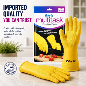 Palmrite Multitask yellow flock-lined kitchen gloves, size 7-7½, imported quality for general purpose use