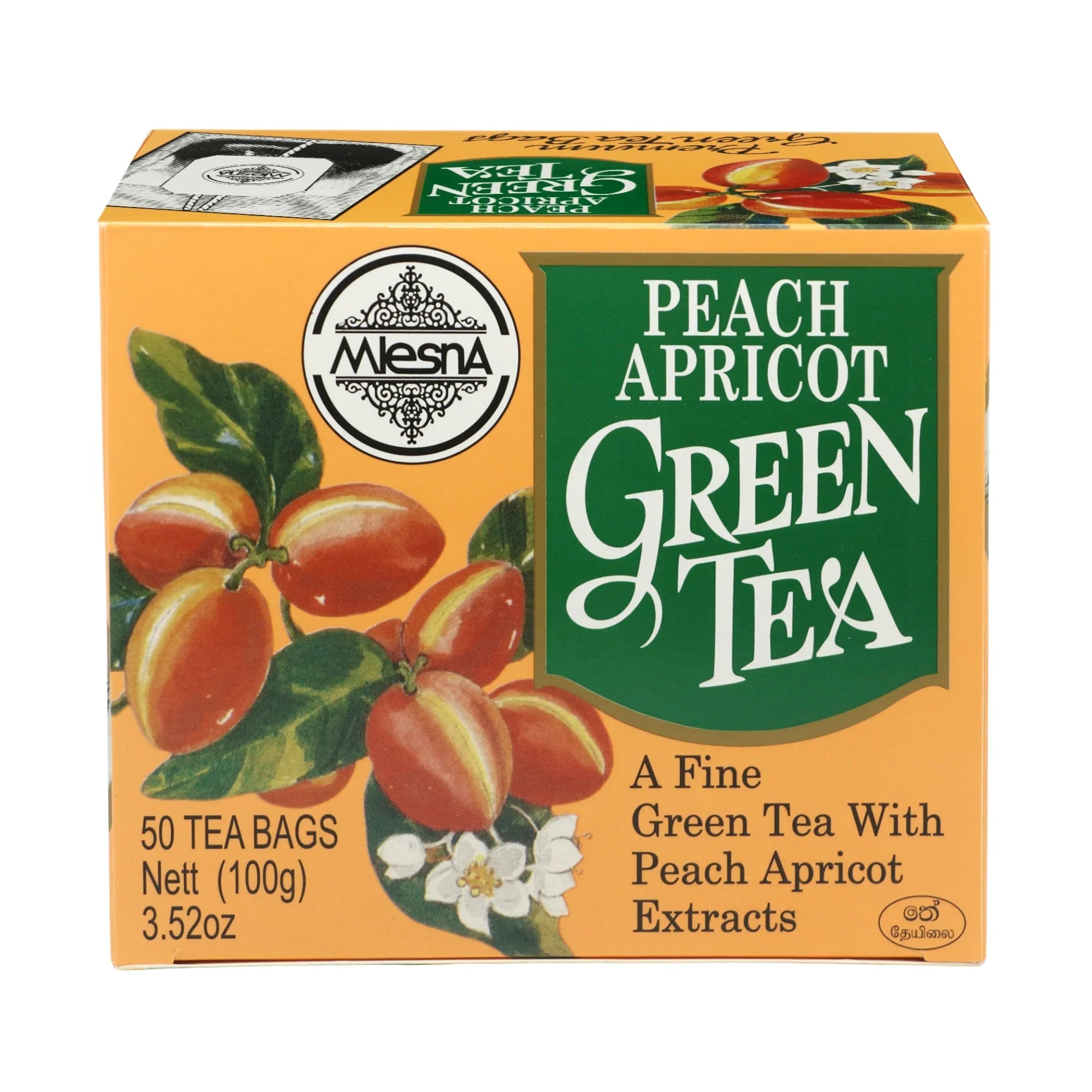 Peach apricot green tea box with fruit illustrations, 50 tea bags, 100g pack