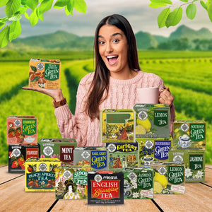 Woman holding peach apricot green tea box, assorted tea packages, tea plantation background