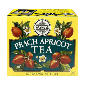 Box of peach apricot tea bags with fruit and floral illustrations, 100g, 50 count.