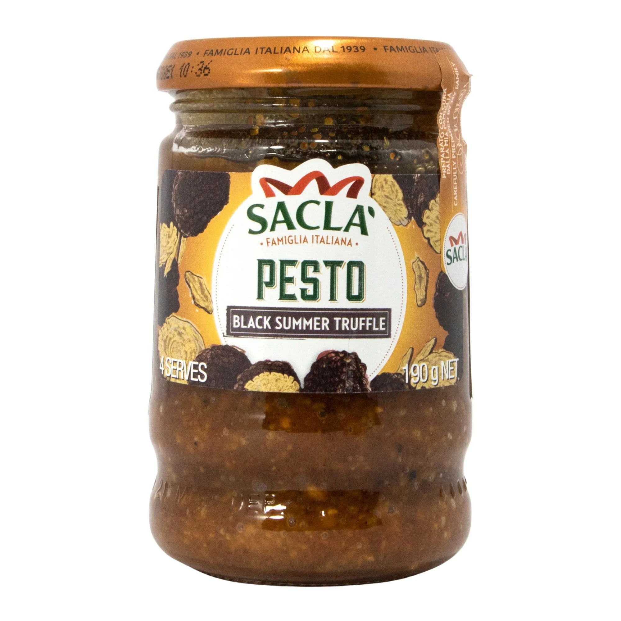 Jar of Sacla black summer truffle pesto with Italian branding and 190g net weight