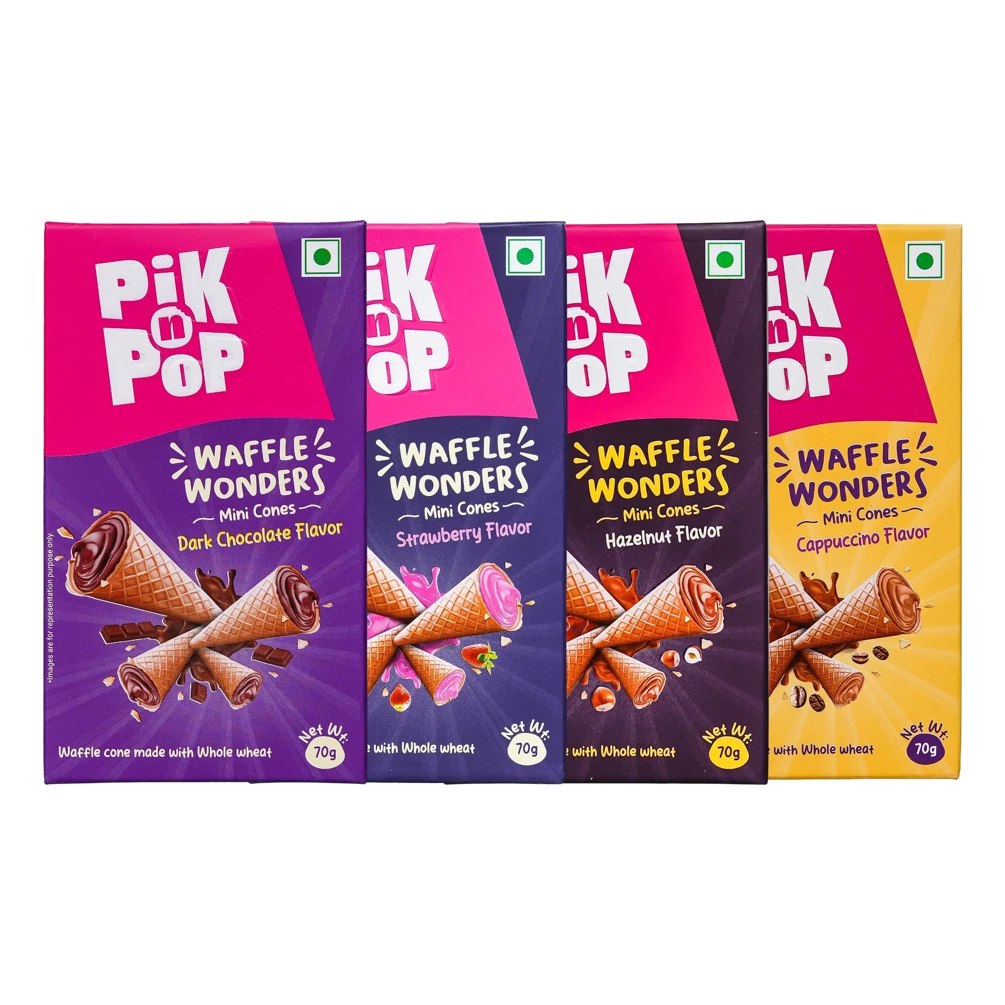 Four boxes of Pik 'n' Pop Waffle Wonders Mini Cones on a white background