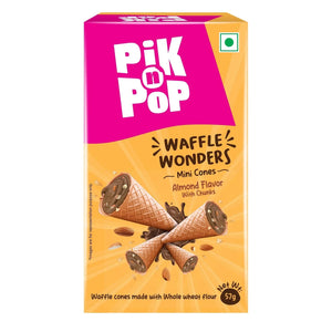 Pik n Pop Waffle Wonders mini cones almond flavor with chunks, whole wheat waffle cone box.
