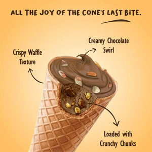 Chocolate swirl wafer cone with almonds, crispy texture, and crunchy nut chunks.