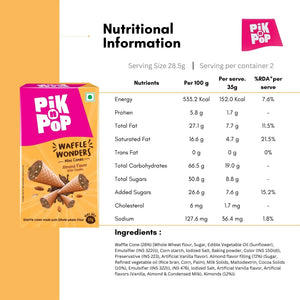 Pik n Pop Waffle Wonders almond flavor mini cones box with nutritional information and ingredients list.