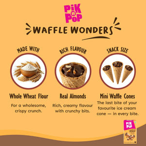 Pik n Pop Waffle Wonders mini cones with real almonds, whole wheat flour, snack size, product highlights.