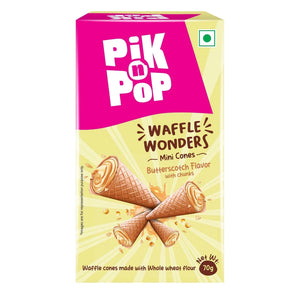 Pik n Pop Waffle Wonders mini cones, butterscotch flavor, 70g box, whole wheat cones