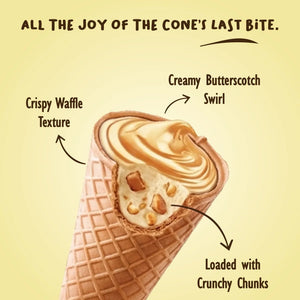 Butterscotch ice cream cone with creamy swirl, crispy waffle texture, and crunchy chunks.
