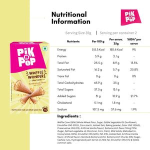 Pik n Pop Waffle Wonders butterscotch mini cones box with nutritional facts and ingredients list.