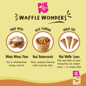 Mini waffle cones filled with butterscotch, made with whole wheat flour, displayed as a snack.