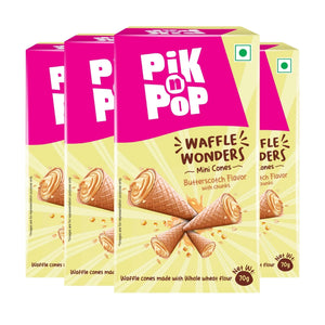 Pack of four Pik n Pop Waffle Wonders mini cones, butterscotch flavor with chunks, 70g each