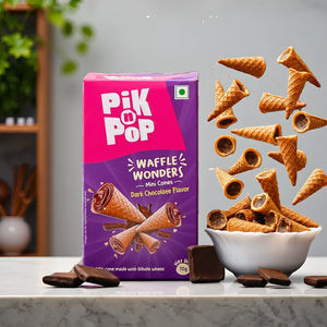 Pik n Pop Waffle Wonders mini cones dark chocolate flavor box with mini waffle cones and chocolate pieces displayed on marble surface