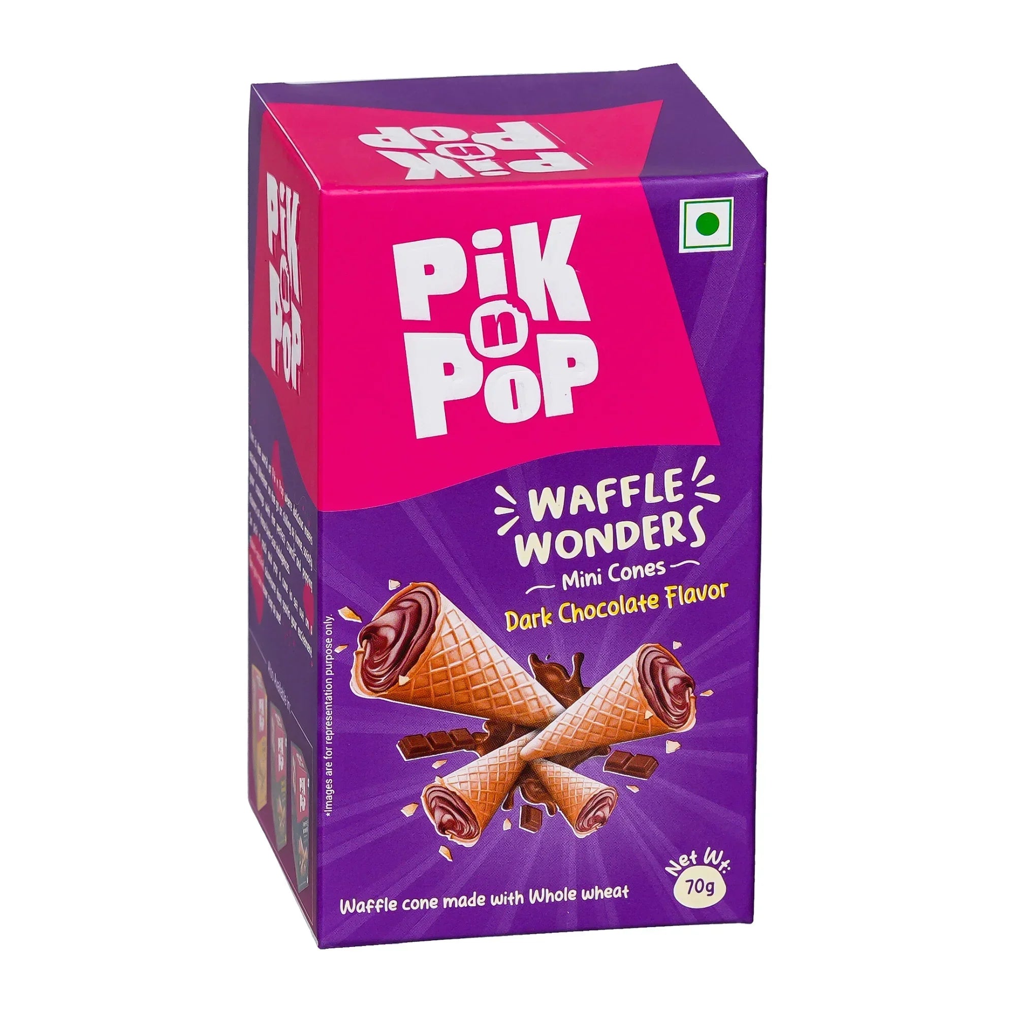 Pik n Pop Waffle Wonders mini cones dark chocolate flavor box, 70g, whole wheat cones