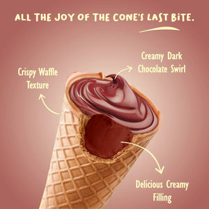 Waffle cone filled with creamy dark chocolate swirl and chocolate filling, labeled features.