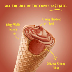 Hazelnut ice cream cone with creamy swirl, crispy waffle texture, and rich creamy filling