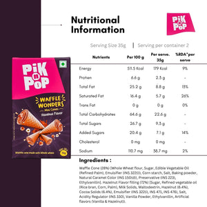 Pik n Pop Waffle Wonders Hazelnut mini cones box with nutritional info and ingredients list.