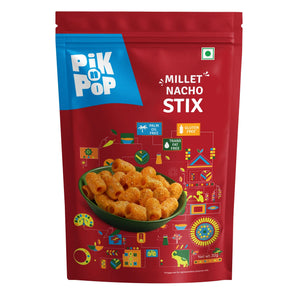 Pik n Pop Millet Nacho Stix snack pack, gluten-free, palm oil free, 30g, vibrant red packaging with colorful Indian motifs