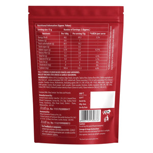 Millet Nachos Stix Cheese & Garlic snack back panel showing nutrition facts, ingredients, and storage info