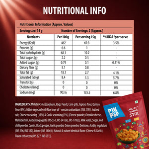 Nutritional info and ingredients for Pik n Pop Millet Nacho Stix, gluten-free snack with cheese & garlic flavor