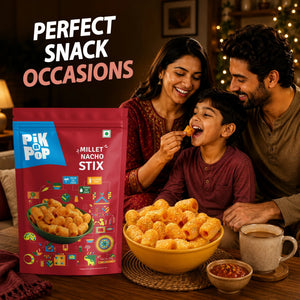 Millet Nacho Stix snack pack with family enjoying crispy, gluten-free stix in cozy setting