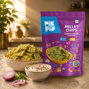 Pik n Pop Millet Chips Onion & Cream Flavor, gluten-free snack with dip and fresh onions on kitchen counter